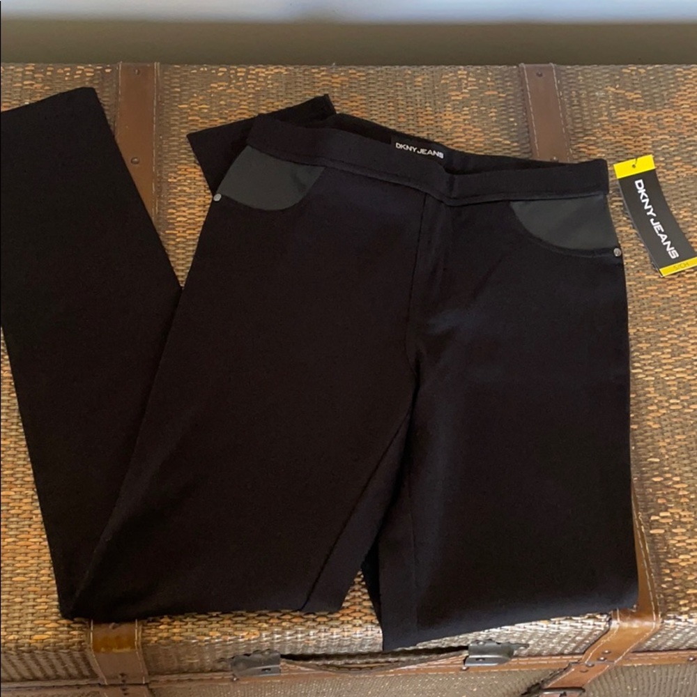 DKNY pull on skinny jeans in black leather details